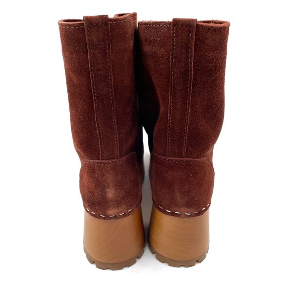 Swedish Hasbeens Suede Teddy Boots Platform Cognac Block Heel Pull On Sz 37 / 7 - Picture 7 of 10